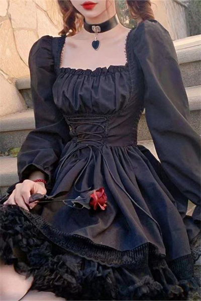 Siyah Balon Uzun Kol Gothic Dantel Detaylı Elbise