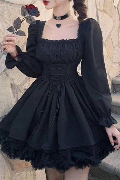 Siyah Balon Uzun Kol Gothic Dantel Detaylı Elbise