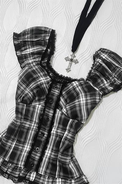 Siyah Beyaz Ekoseli Vintage Dantelli Kare Yaka Y2K Kısa Kollu Crop
