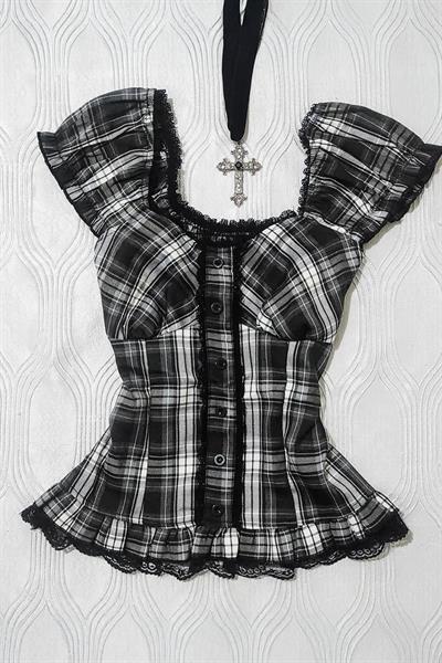 Siyah Beyaz Ekoseli Vintage Dantelli Kare Yaka Y2K Kısa Kollu Crop