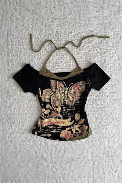 Siyah Butterfly Madonna Yaka Ek Askılı Y2K Kısa Kollu Full Body Crop