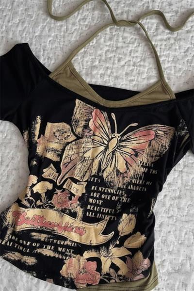 Siyah Butterfly Madonna Yaka Ek Askılı Y2K Kısa Kollu Full Body Crop