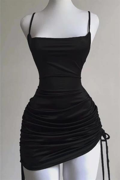 Siyah Büzgülü Sırt İpli & Dekolteli Askılı Gotik Y2K Elbise