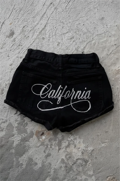 Siyah California Taşlı Y2K Mini Şort