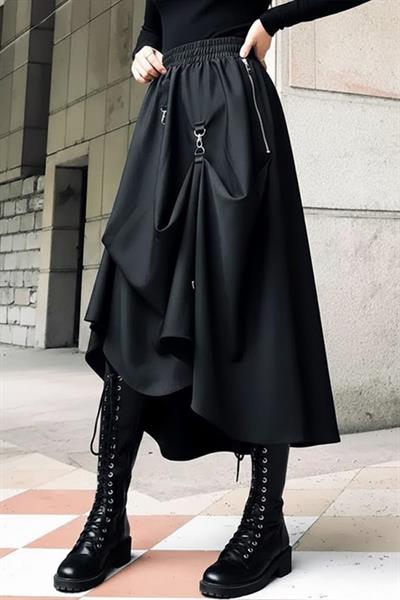 Siyah Chinese Street Wear Salaş Uzun Etek