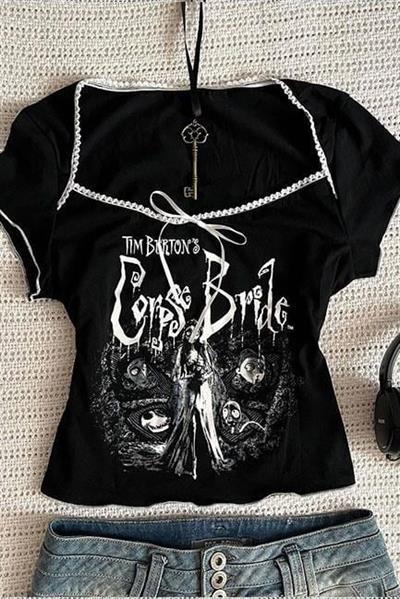 Siyah Corpse Bride Dikiş Detaylı Kurdeleli Y2K Kısa Kollu Crop