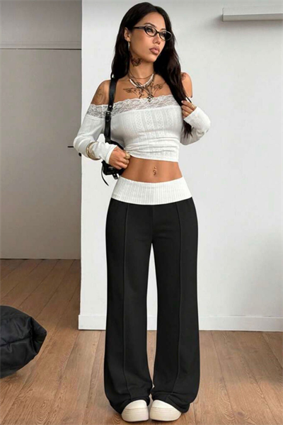 Siyah Daizy Beli Lastikli Y2K Eşofman Altı