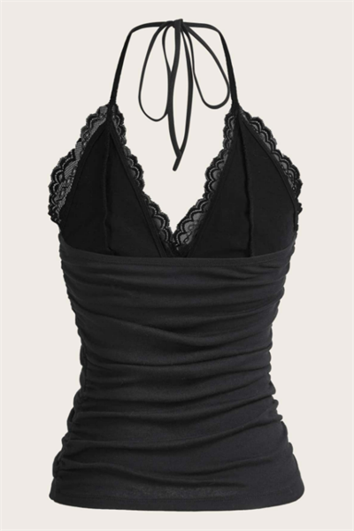 Siyah Dantelli V Yaka Gothic Boyun Bağlamalı Full Body Crop