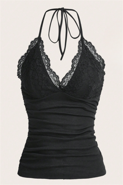 Siyah Dantelli V Yaka Gothic Boyun Bağlamalı Full Body Crop