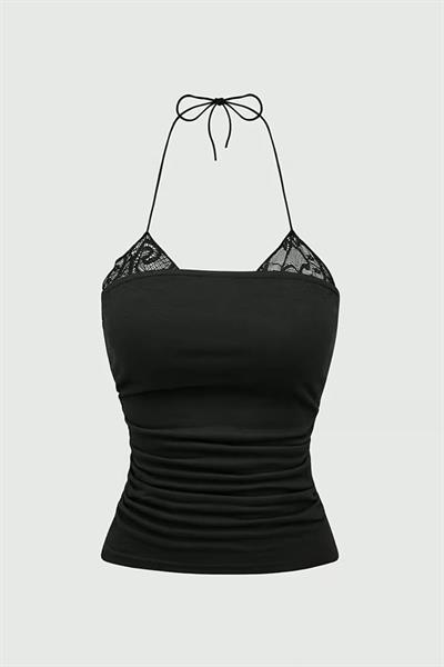 Siyah Dantel Ekli Bağlamalı Y2K Askılı Crop