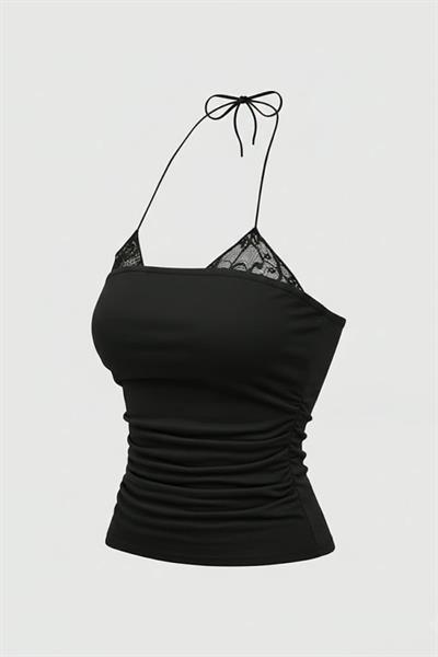 Siyah Dantel Ekli Bağlamalı Y2K Askılı Crop