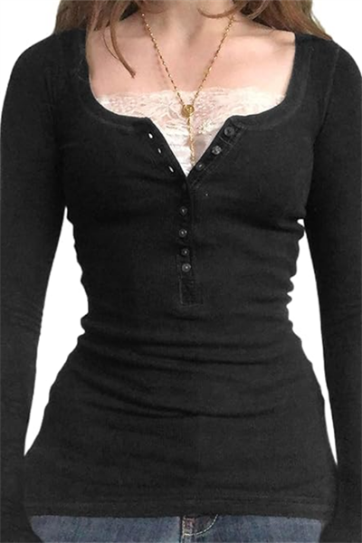 Siyah Dantelli Düğmeli Y2K Uzun Kollu Crop