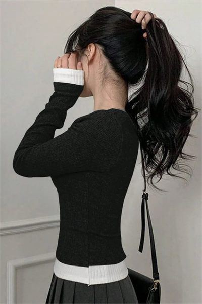 Siyah Dantelli Fiyonklu Ekli Y2K Uzun Kollu Crop