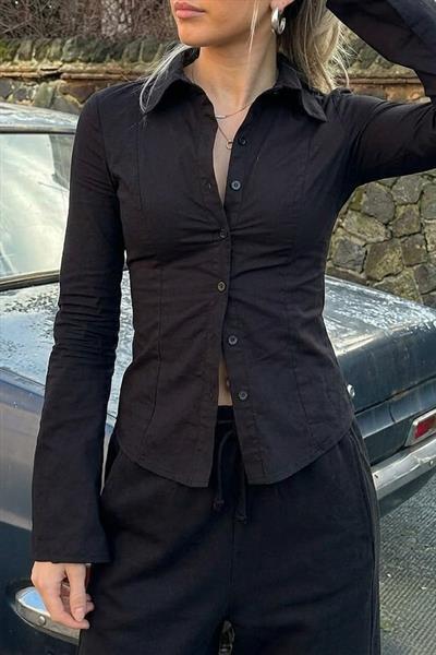 Siyah Dar Kesim İspanyol Kol Poplin Y2K Gömlek