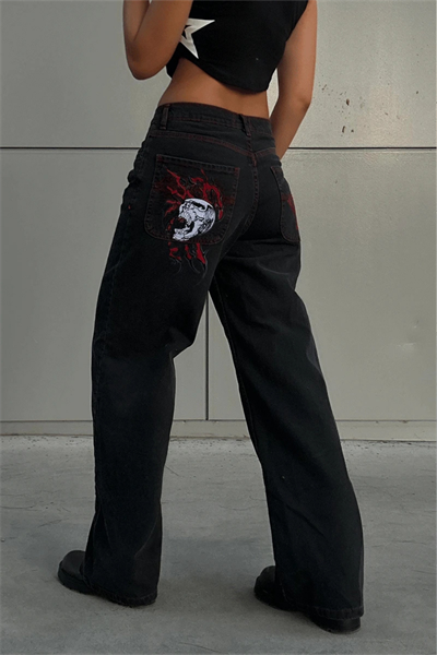 Siyah Double Fire Skull Kırmızı Dikişli Harajuku Baggy Pantolon