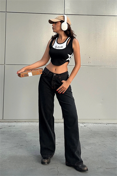 Siyah Double Fire Skull Kırmızı Dikişli Harajuku Baggy Pantolon