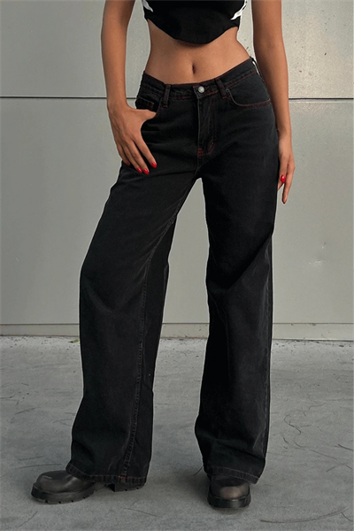 Siyah Double Fire Skull Kırmızı Dikişli Harajuku Baggy Pantolon