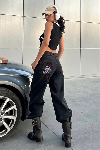 Siyah Double Fire Skull Kırmızı Dikişli Harajuku Baggy Pantolon