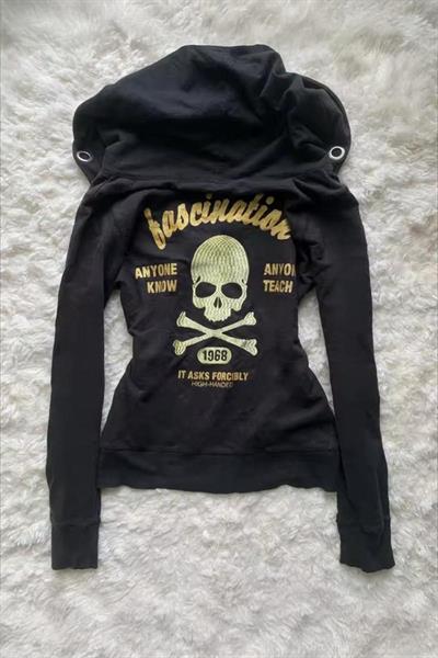 Siyah Fascination Skull Gotik Harajuku Y2K Kapüşonlu Crop Hırka