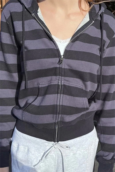 Siyah Füme Çizgili Kapüşonlu Y2K Crop Hırka