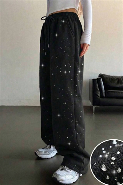 Siyah Glow Simli Eşofman Altı