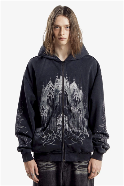 Siyah Gothic Castle Kapüşonlu Unisex Hırka