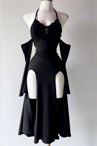 Siyah Gothic Çift Yırtmaçlı Askılı Ek Kollu Elbise