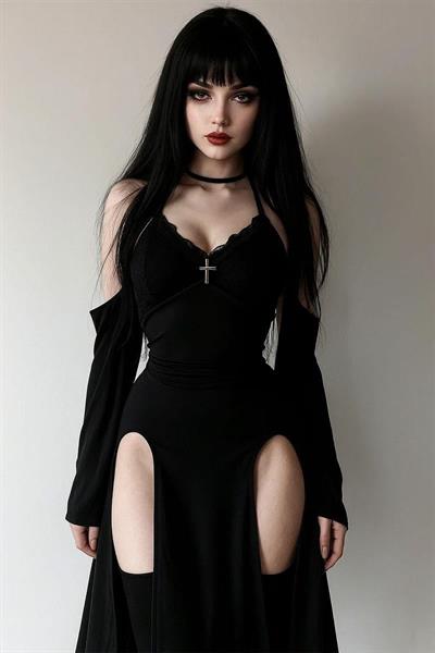 Siyah Gothic Çift Yırtmaçlı Askılı Ek Kollu Elbise