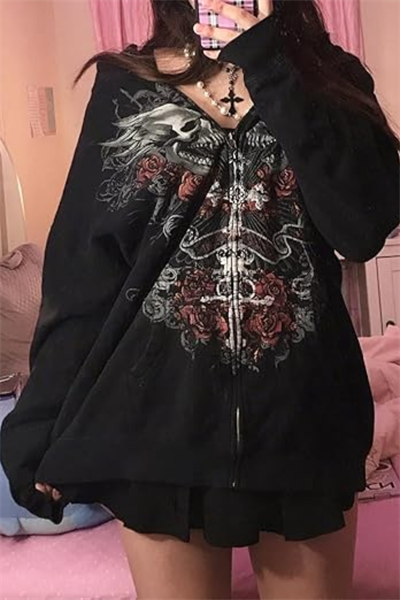 Siyah Gothic Double Skull (Unisex) Fermuarlı Kapüşonlu Sweatshirt