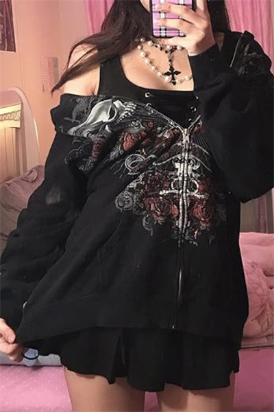 Siyah Gothic Double Skull (Unisex) Fermuarlı Kapüşonlu Sweatshirt