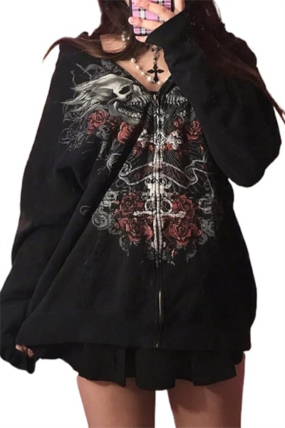 Siyah Gothic Double Skull (Unisex) Fermuarlı Kapüşonlu Sweatshirt