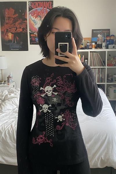 Siyah Gothic Skulls Full Body Y2K Uzun Kollu Crop