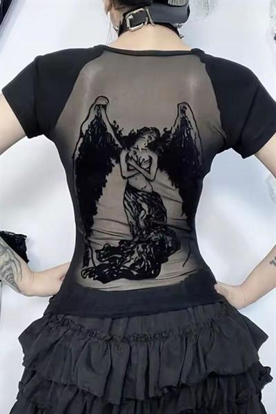 Siyah Gotik Angel Sırtı Transparan Y2K Kısa Kollu Crop
