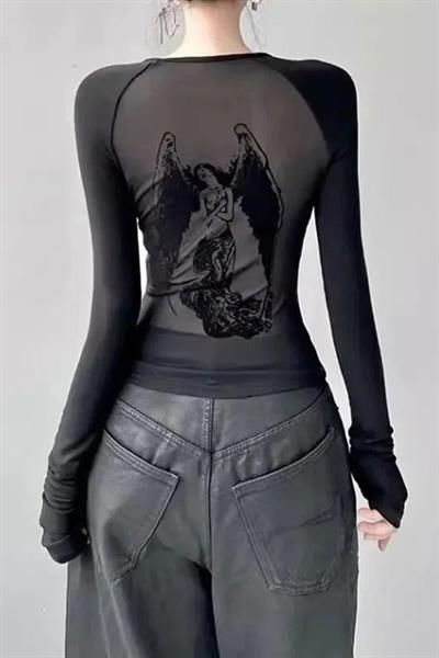 Siyah Gotik Angel Sırtı Transparan Y2K Uzun Kollu Crop