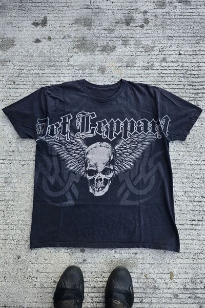 Siyah Gotik Def Leppard Skull Y2K Unisex T-Shirt