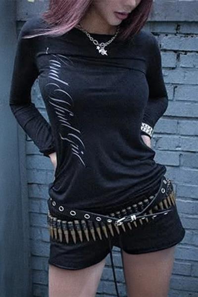 Siyah Gotik Sırt Baskılı Wing Geniş Yaka Y2K Uzun Kollu Crop