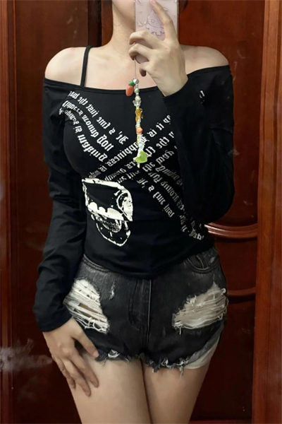 Siyah Gotik Skull Askılı Y2K Uzun Kollu Crop