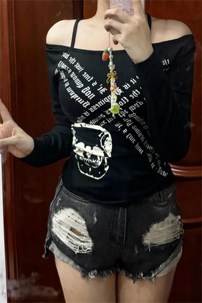 Siyah Gotik Skull Askılı Y2K Uzun Kollu Crop