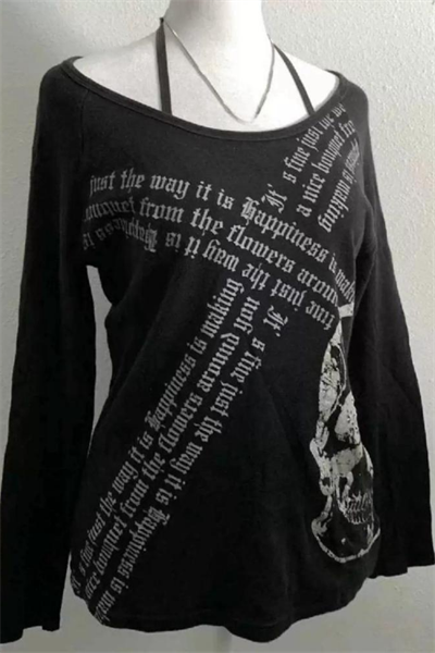 Siyah Gotik Skull Askılı Y2K Uzun Kollu Crop