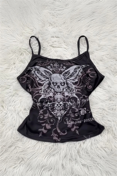 Siyah Gotik Skull Butterfly Wings Y2K Askılı Crop