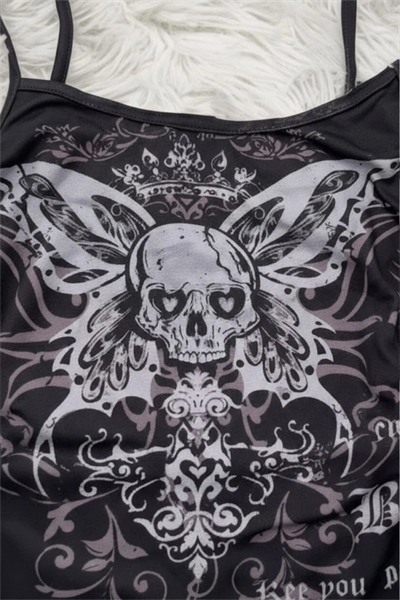 Siyah Gotik Skull Butterfly Wings Y2K Askılı Crop