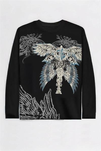 Siyah Gotik Wing Detaylı Y2K Unisex Sweatshirt