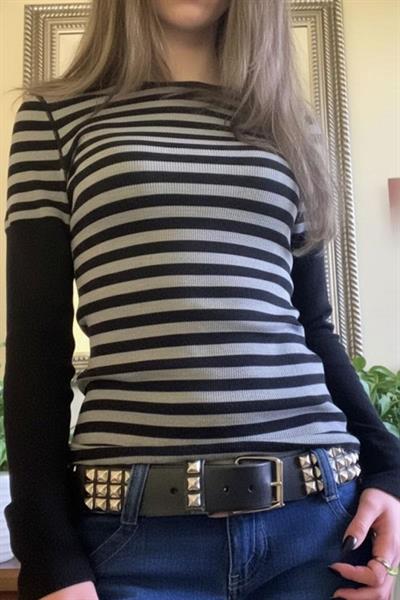 Siyah Gri Çizgili Grunge Siyah Y2K Uzun Kollu Crop