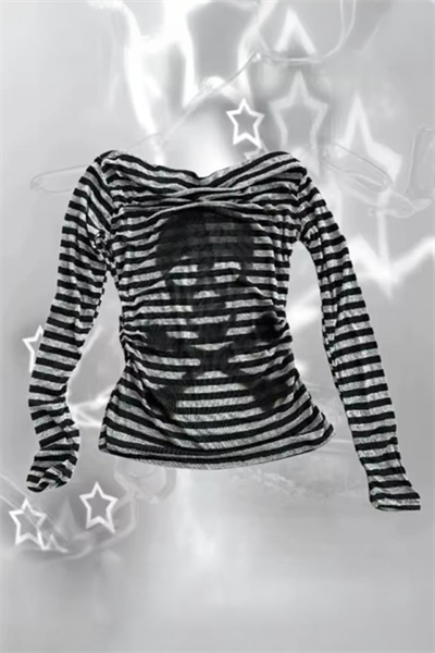 Siyah Gri Çizgili Skull Y2K Omuz Dekolteli Uzun Kollu Crop