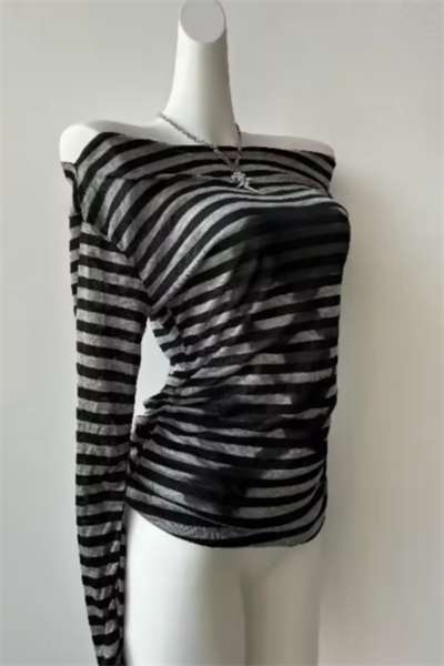 Siyah Gri Çizgili Skull Y2K Omuz Dekolteli Uzun Kollu Crop