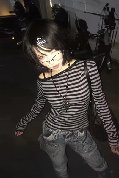 Siyah Gri Çizgili Uzun Kollu Crop