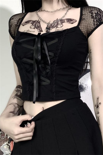 Siyah Harajuku Fashion Gotik Detaylı Y2K Askılı Crop