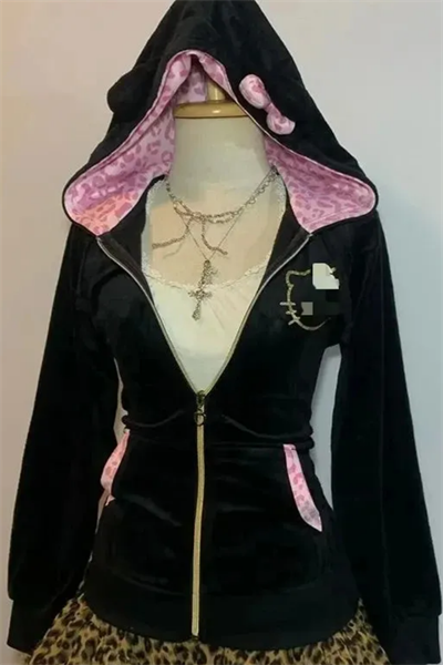 Siyah Hello Kitty Fiyonklu Y2K Kadife Kapüşonlu Hırka