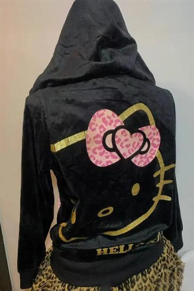 Siyah Hello Kitty Fiyonklu Y2K Kadife Kapüşonlu Hırka
