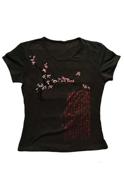 Siyah Japanese Sakura Tree Gotik Y2K Kısa Kollu Crop